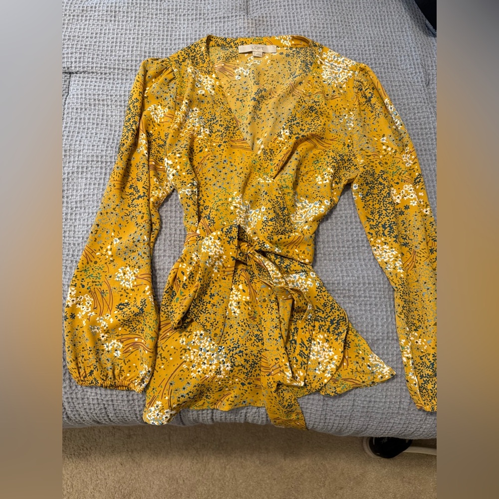 LOFT Mustard Floral Peplum Blouse with Waist Tie